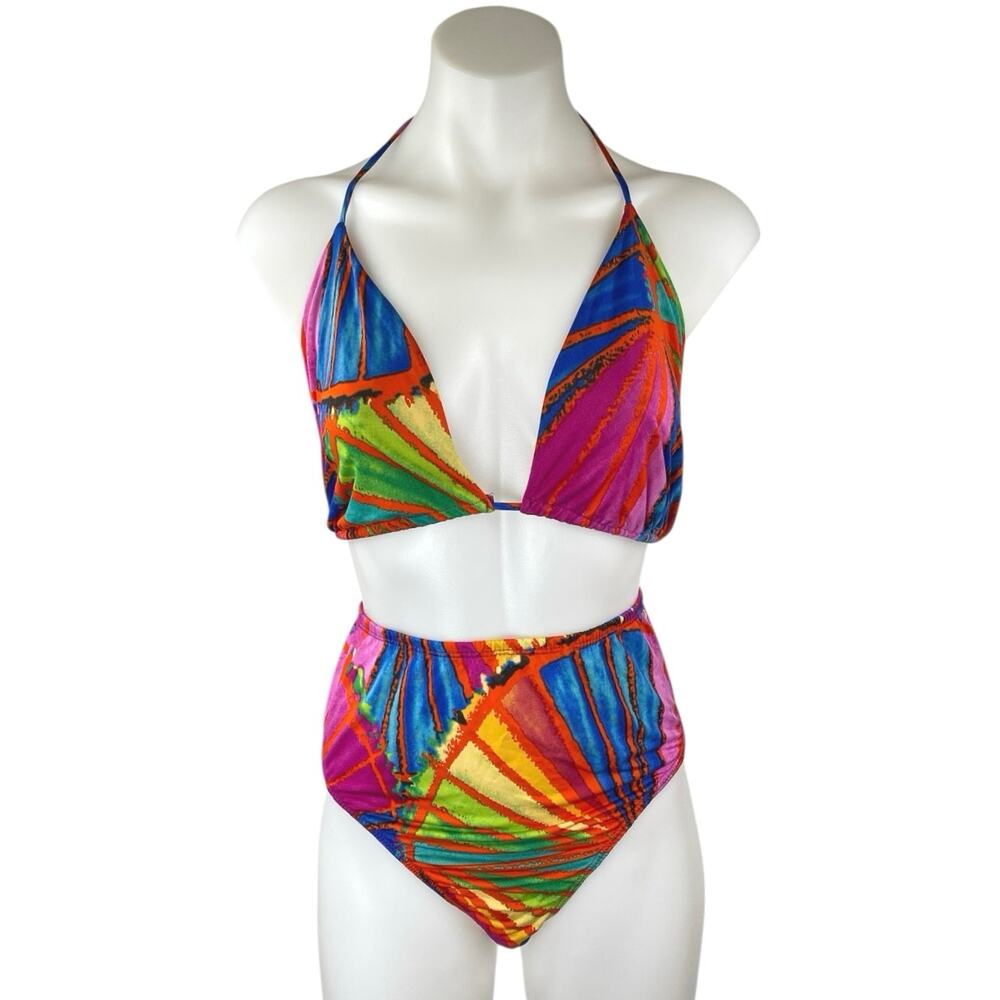 Fashion Nova Multicolor Tie Dye Halter Plunging Two Piece Bikini Swimwear Sz 2X
